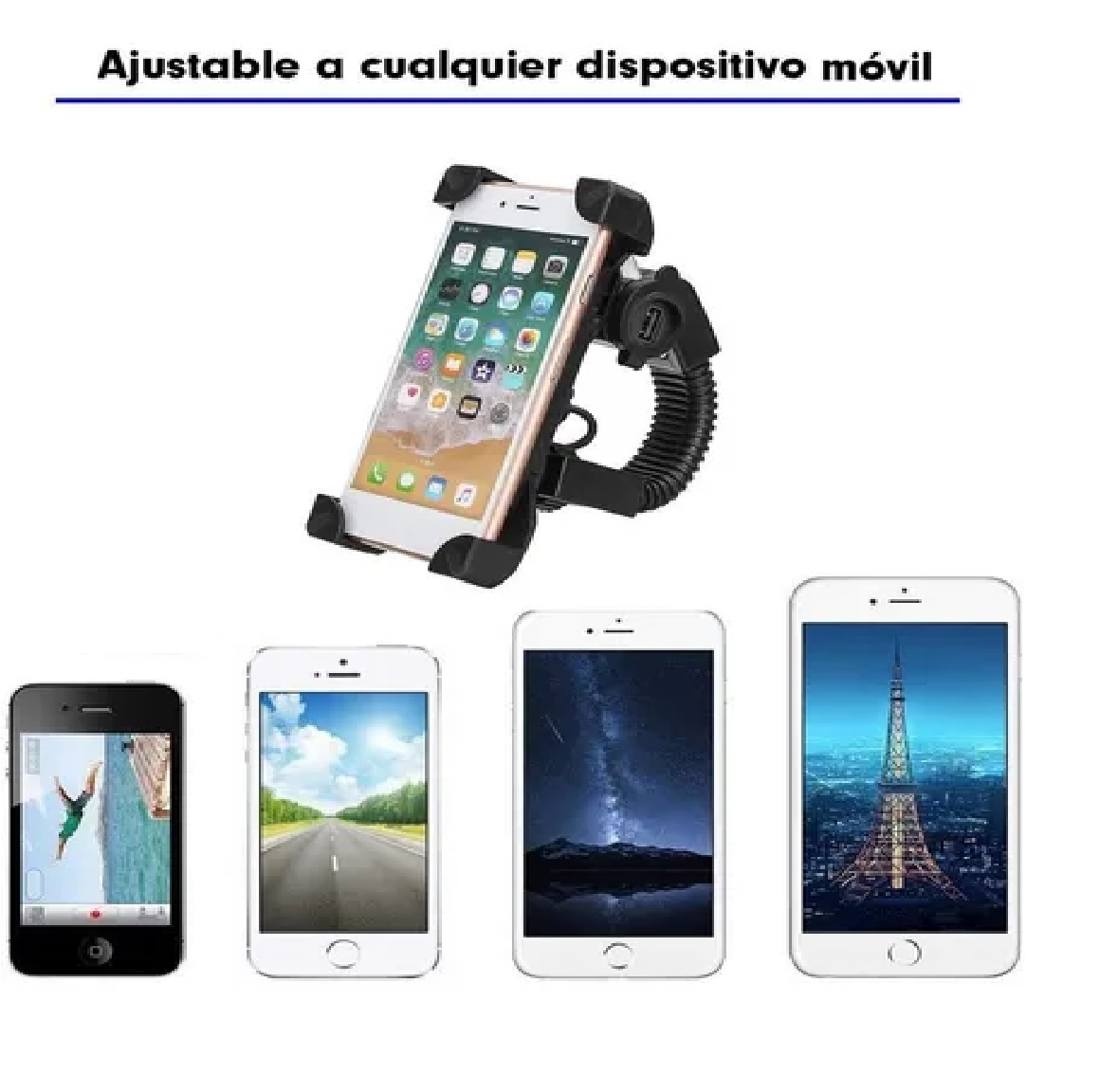 Soporte Abrazadera Porta Celular Cargador Usb Universal Moto