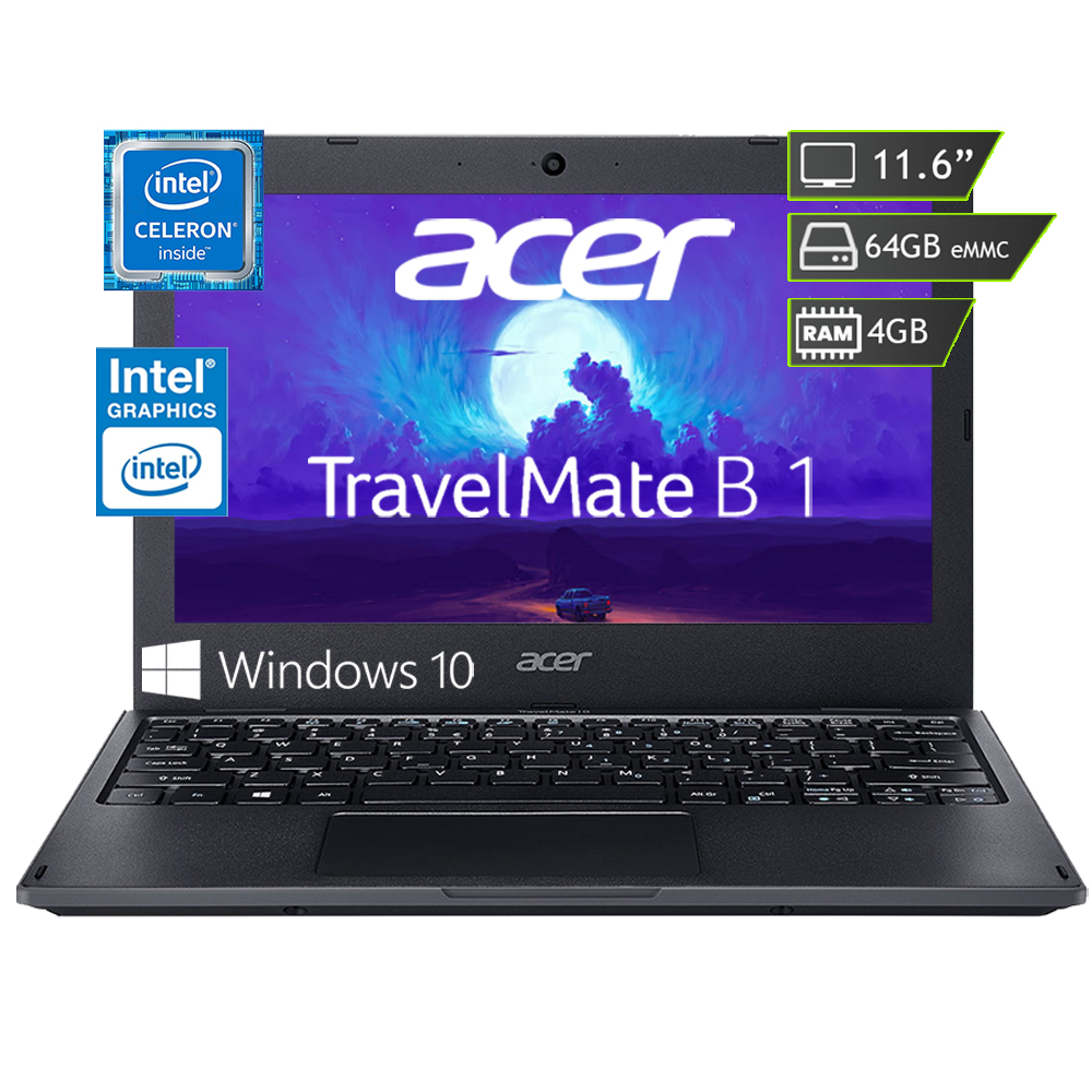 Laptop Acer Travelmate B1 Intel Celeron N4020 Almacenamiento 64GB eMMC Ram 4GB Windows 10 - Negro Mate