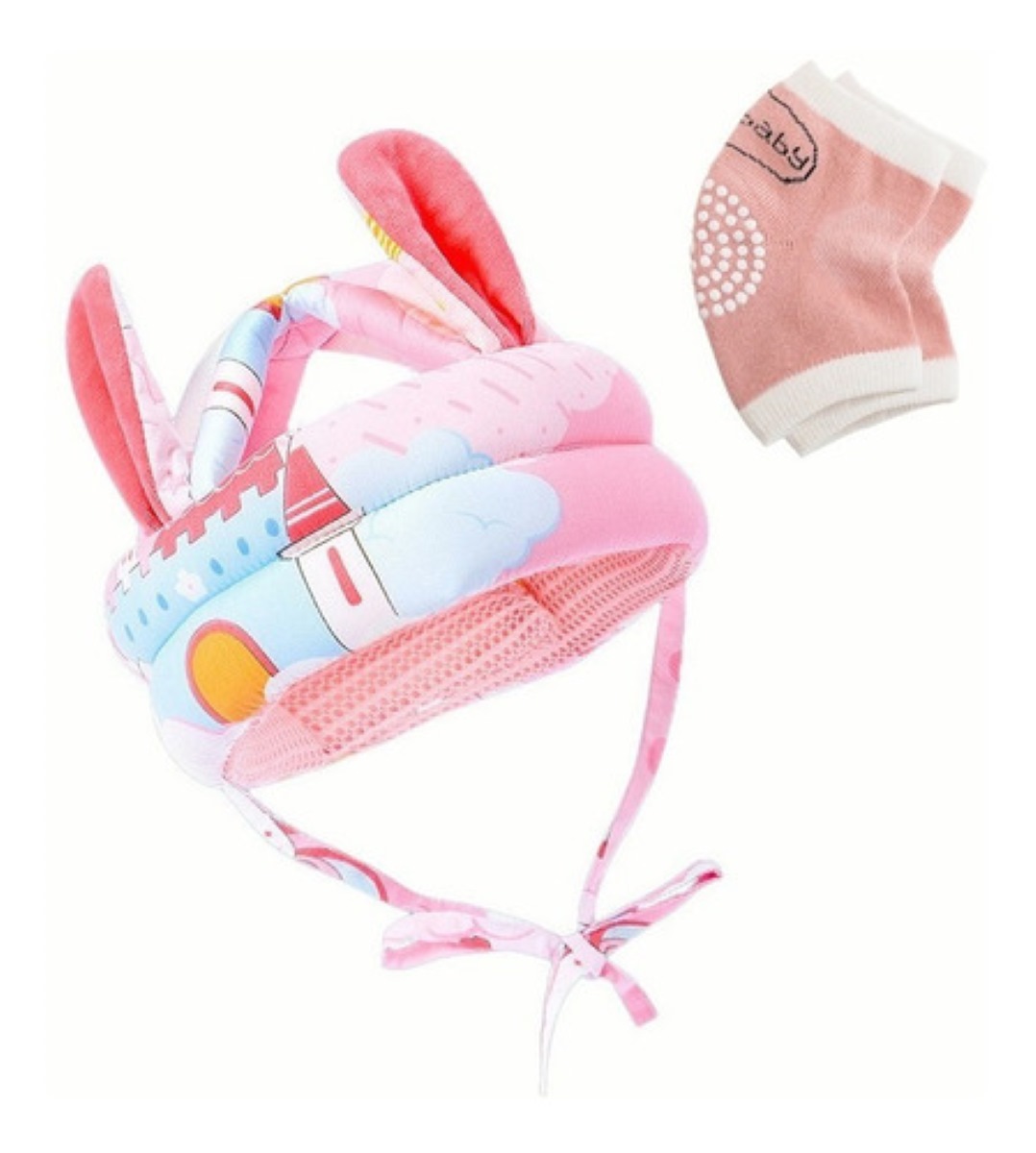 Casco Para Bebes Antigolpes Seguridad Bebes + Rodilleras Rosa