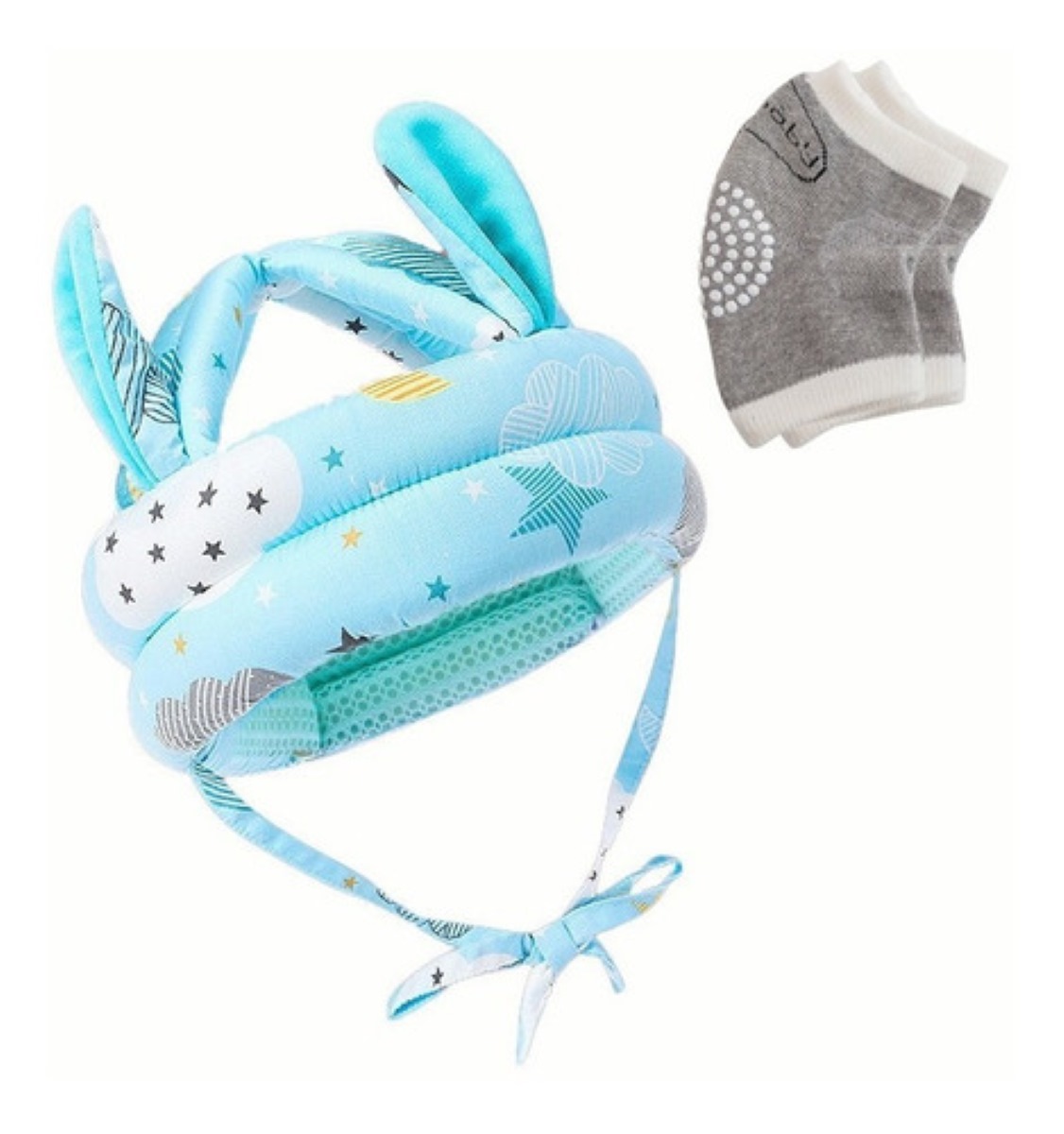 Casco Para Bebes Antigolpes Seguridad Bebes + Rodilleras Azul