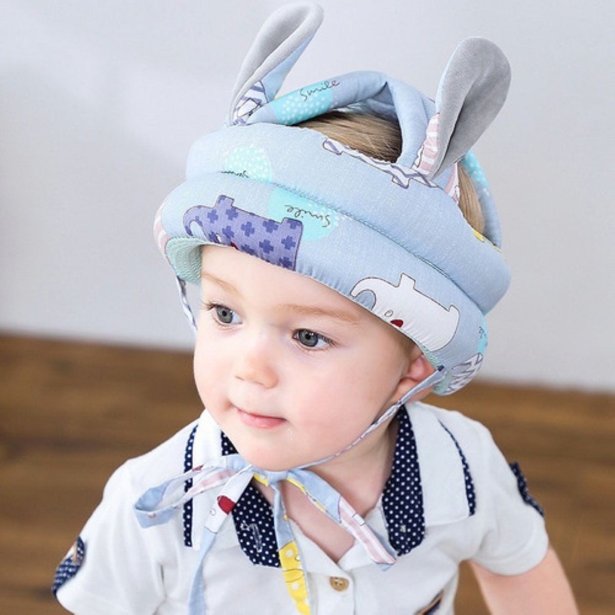 Casco Para Bebes Antigolpes Seguridad Bebes + Rodilleras Azul Elephant