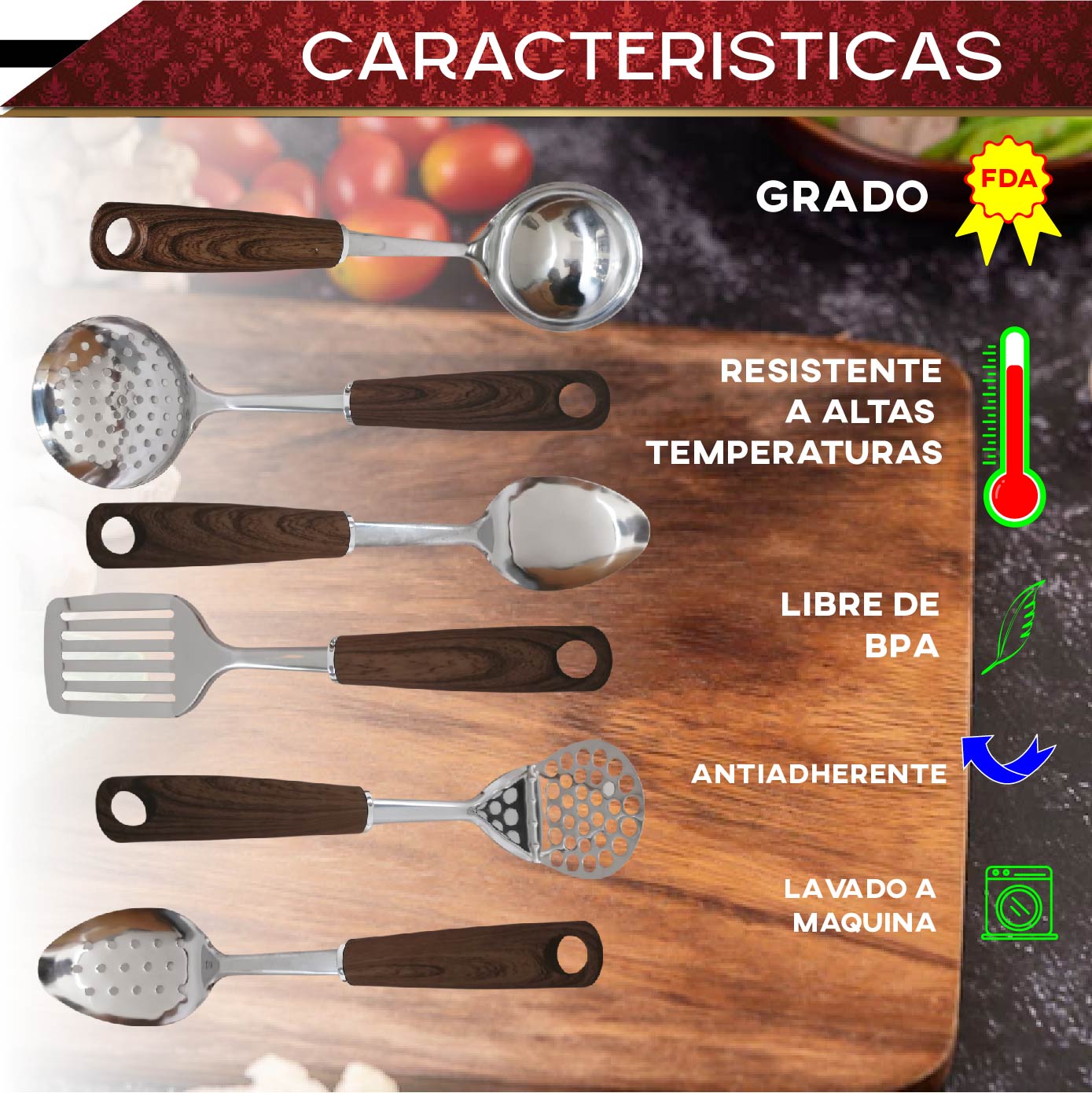 Juego de utensilios RD ROYAL COOK de acero inoxidable 7 piezas, utensilios de cocina de acero antiadherentes 