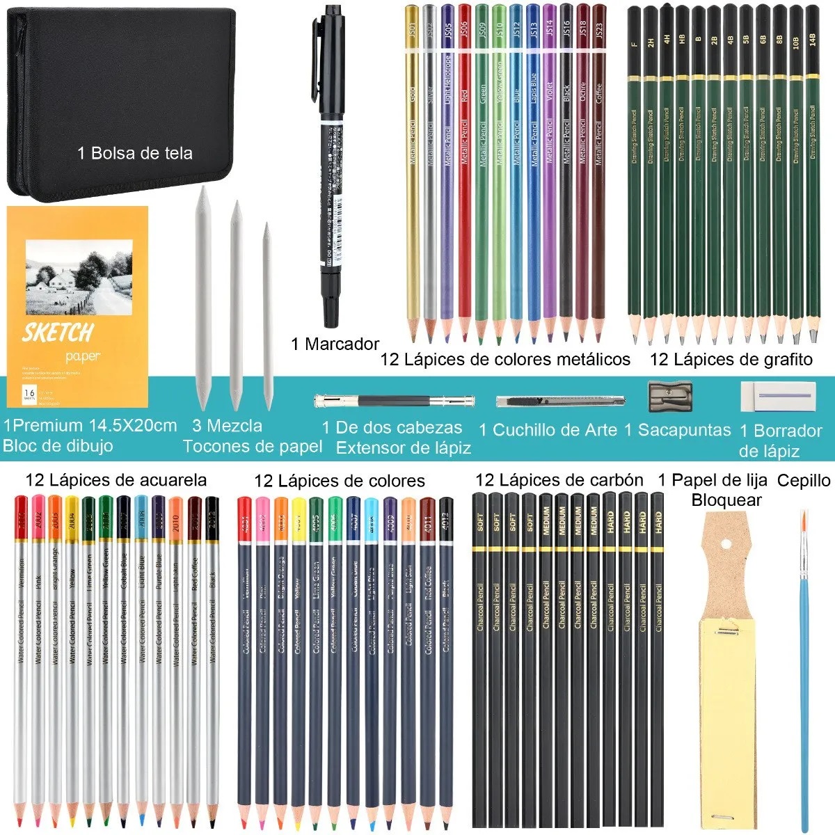 Kit De Lápices De Dibujo Y Boceto Con Accesorios 71 Piezas