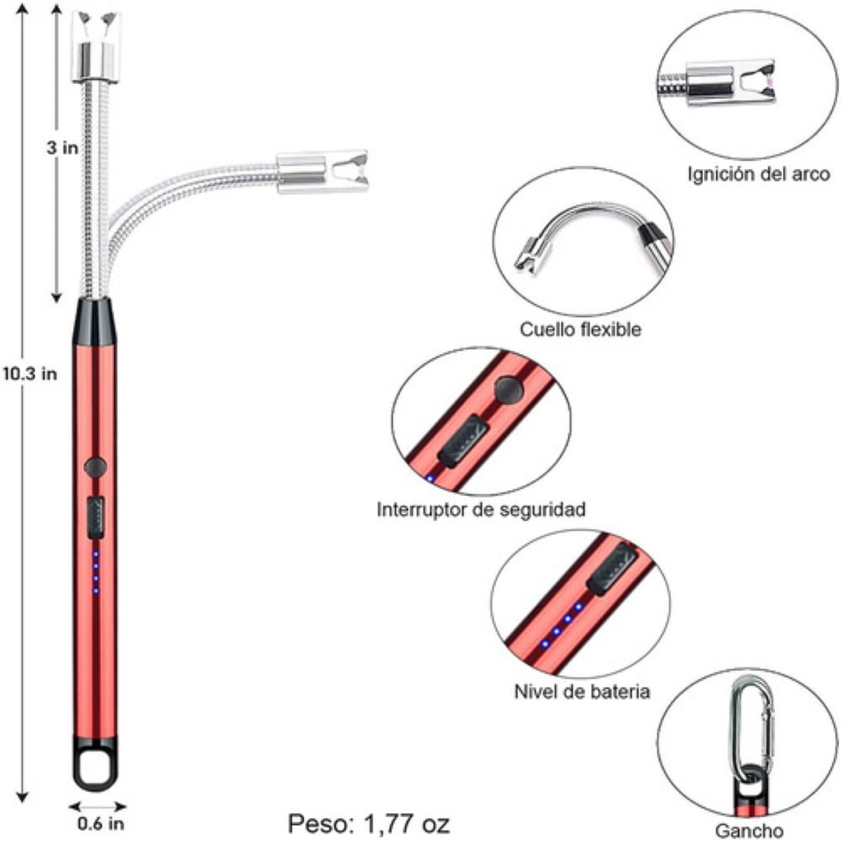 Encendedor Eléctrico Recargable Portátil USB Rojo
