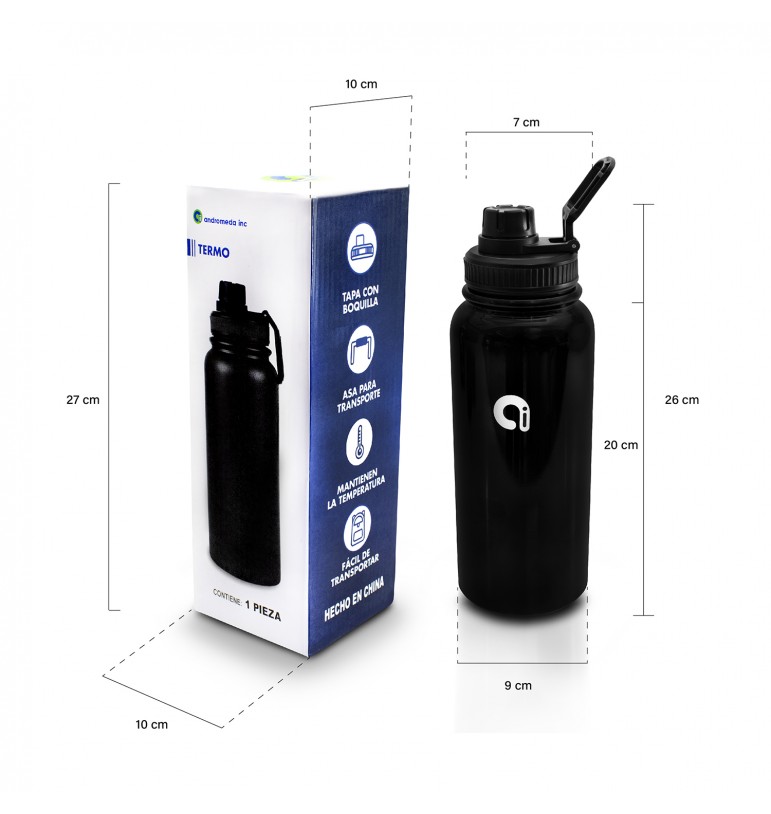 Botella de agua acero inoxidable negro 1 litro