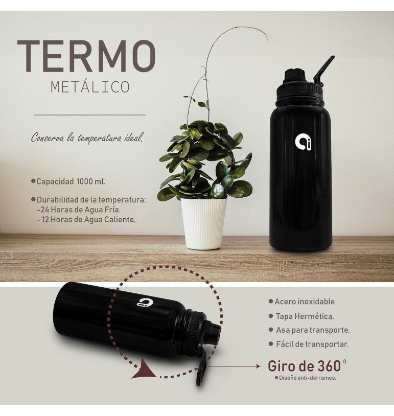 Botella de agua acero inoxidable negro 1 litro