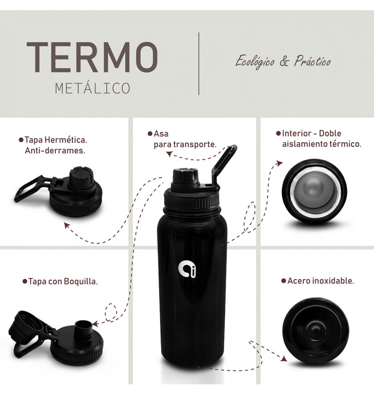 Botella de agua acero inoxidable negro 1 litro