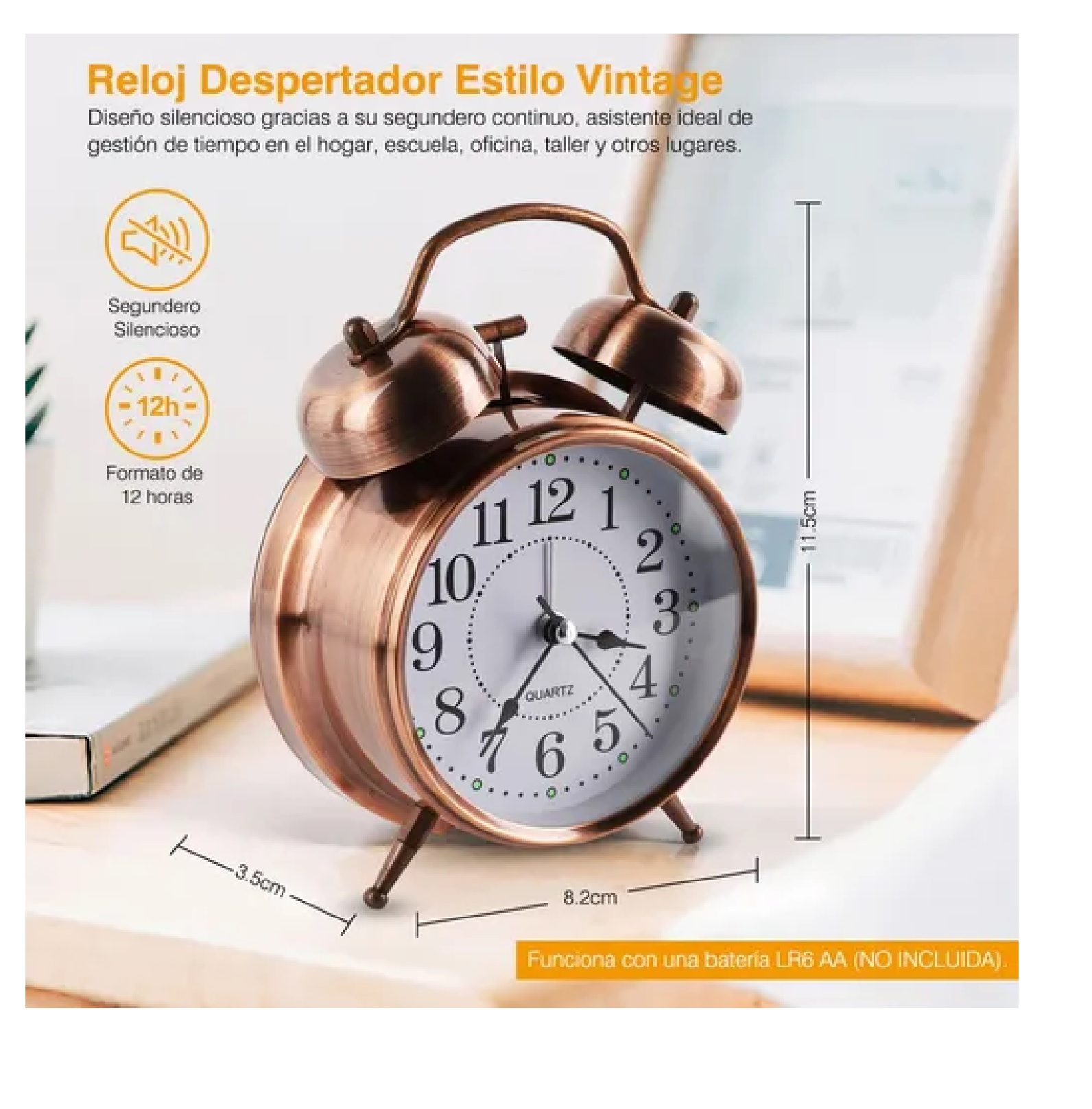 Reloj Despertador Campana Analógico Estilo Vintage Cobre