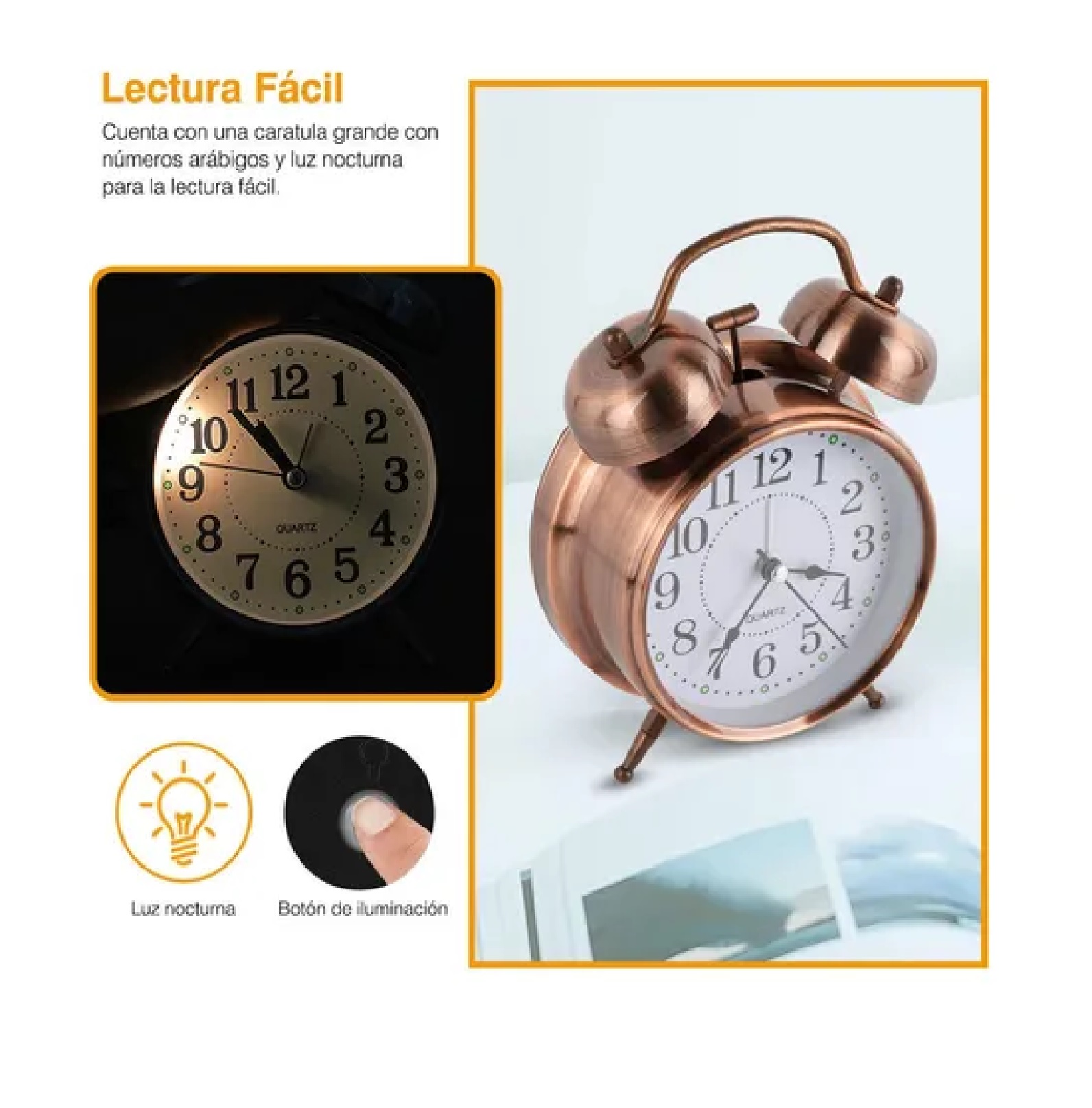 Reloj Despertador Campana Analógico Estilo Vintage Cobre