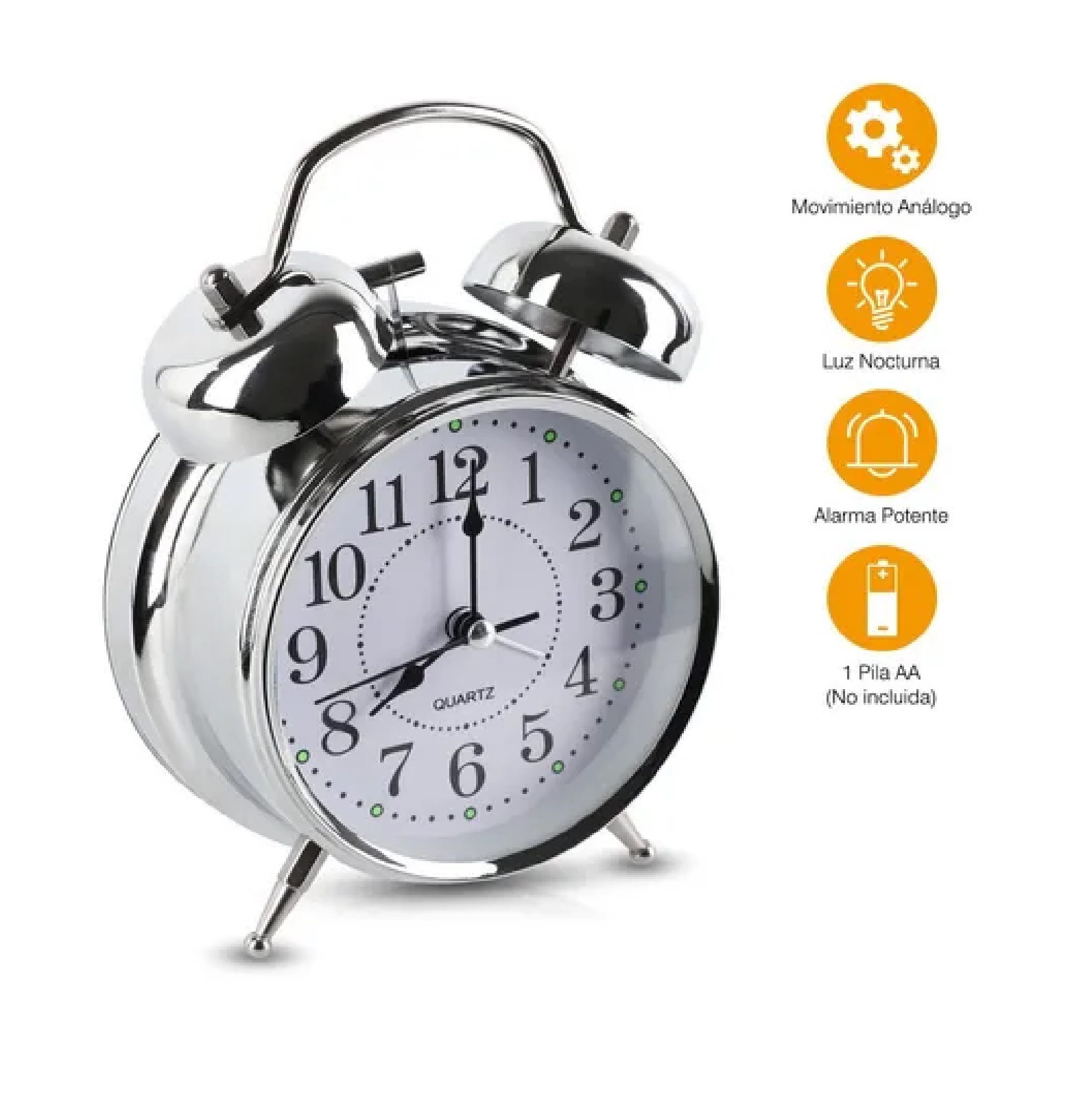 Reloj Despertador Campana Analógico Estilo Vintage Plateado