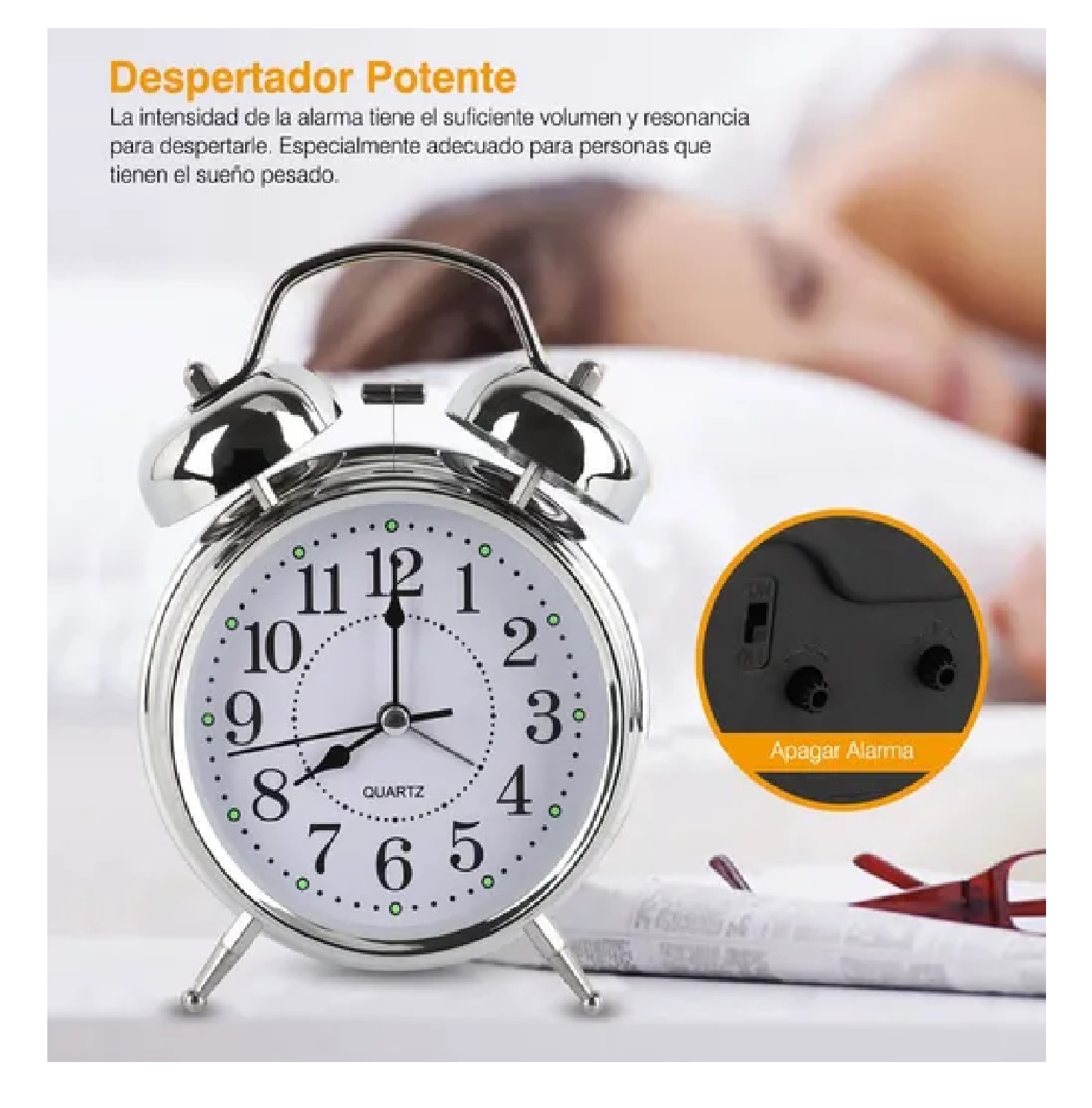 Reloj Despertador Campana Analógico Estilo Vintage Plateado
