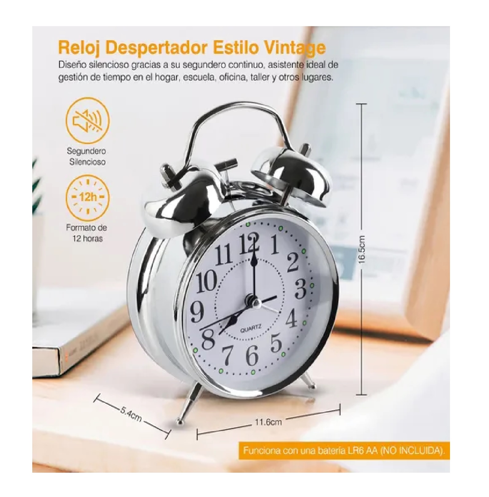 Reloj Despertador Campana Analógico Estilo Vintage Plateado