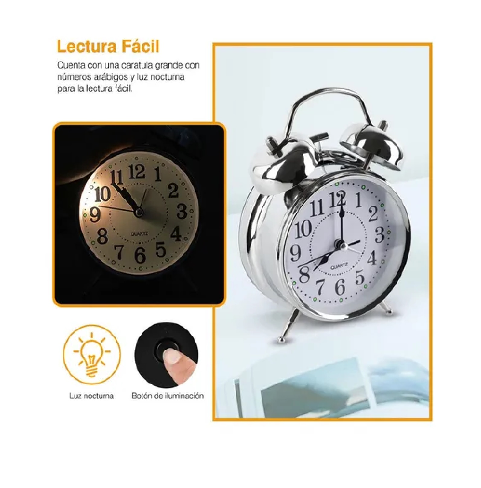 Reloj Despertador Campana Analógico Estilo Vintage Plateado