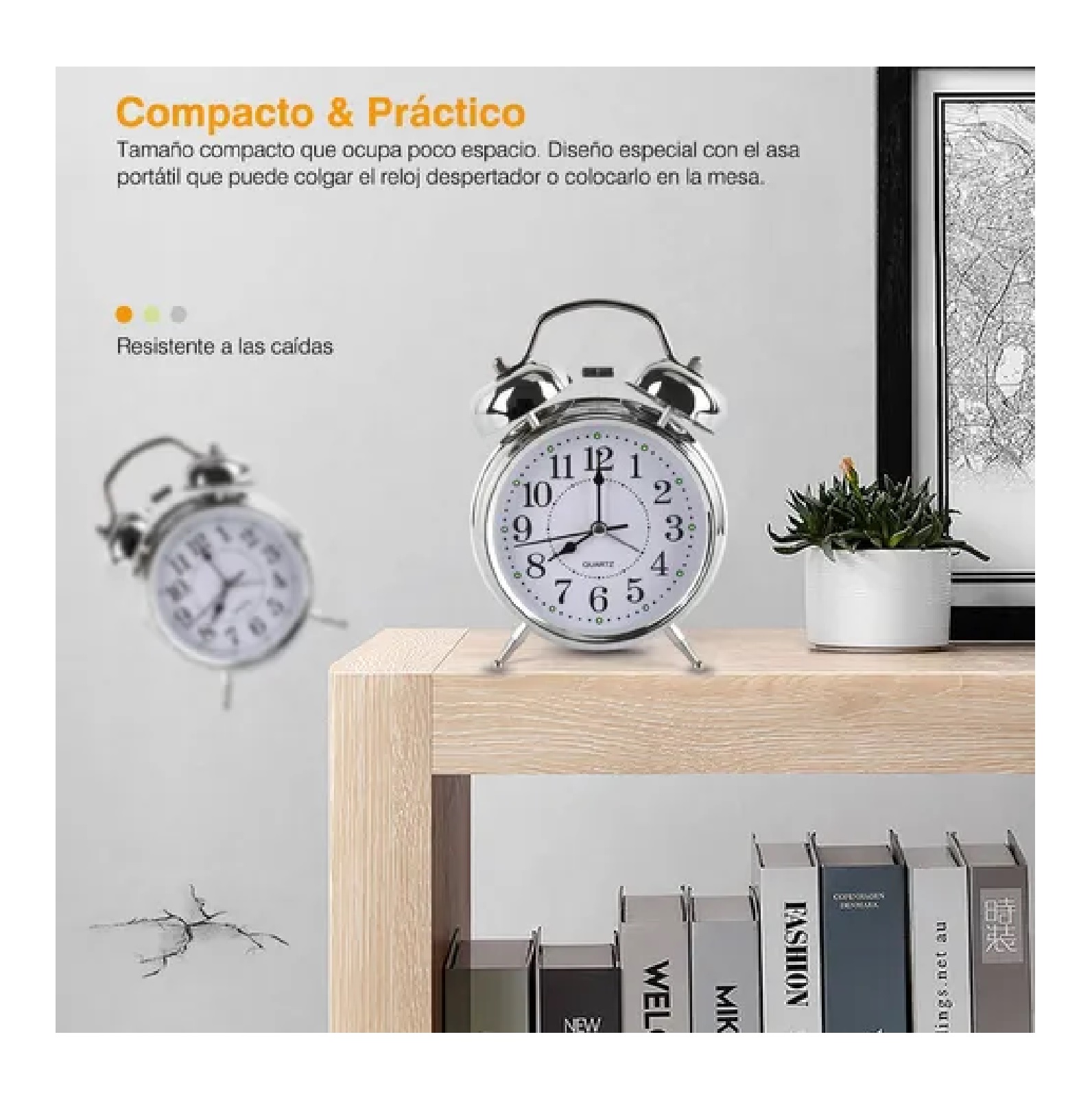 Reloj Despertador Campana Analógico Estilo Vintage Plateado