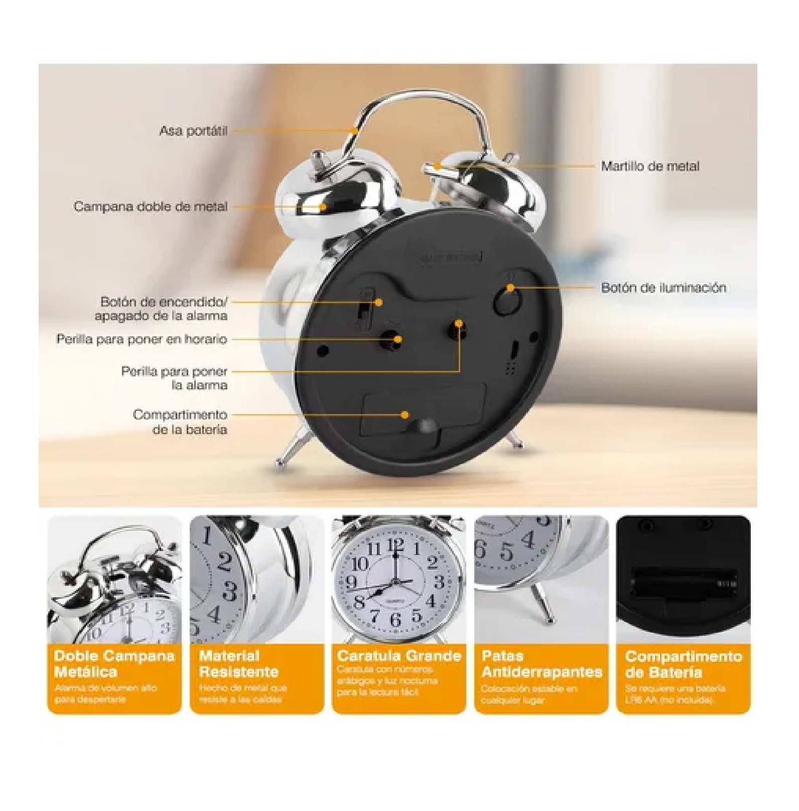 Reloj Despertador Campana Analógico Estilo Vintage Plateado