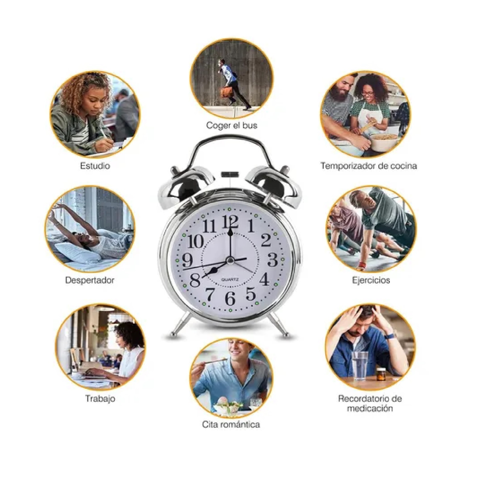 Reloj Despertador Campana Analógico Estilo Vintage Plateado