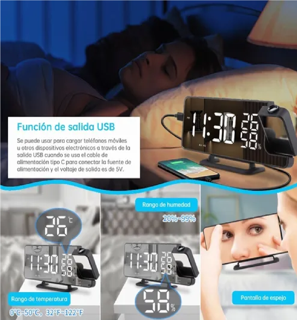 Reloj Despertador Digital De Proyección Para Led Radio Usb