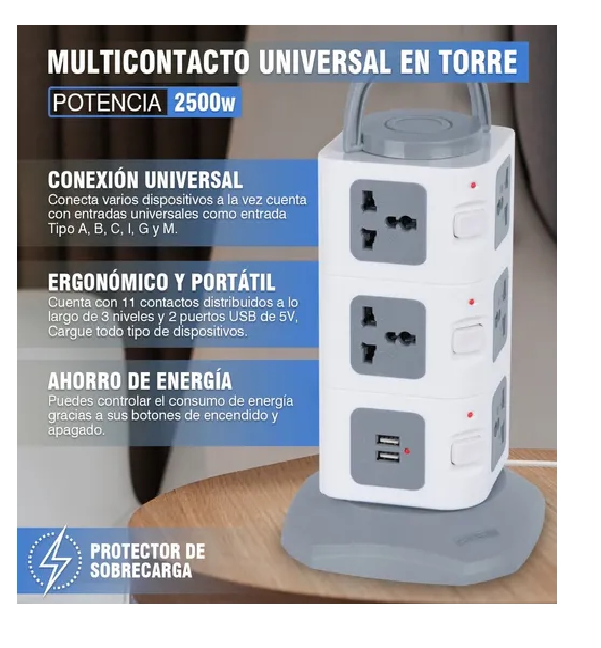 Multicontacto En Torre Regleta 11 Puertos Y 2 Usb Gris