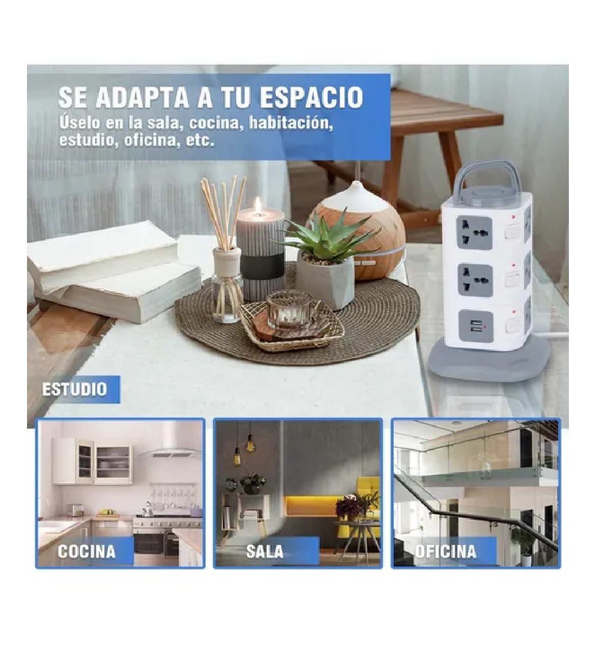 Multicontacto En Torre Regleta 11 Puertos Y 2 Usb Gris