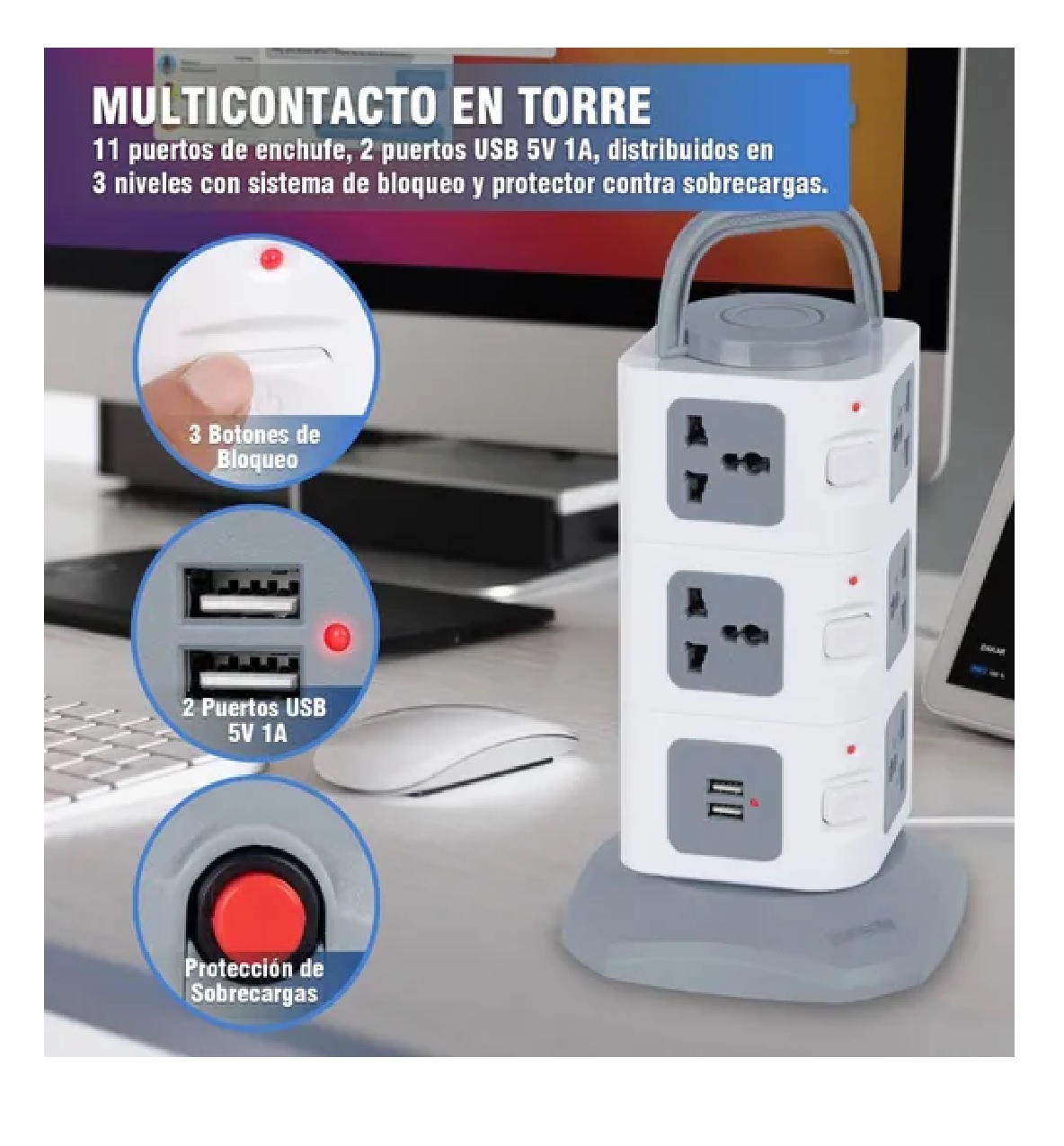 Multicontacto En Torre Regleta 11 Puertos Y 2 Usb Gris