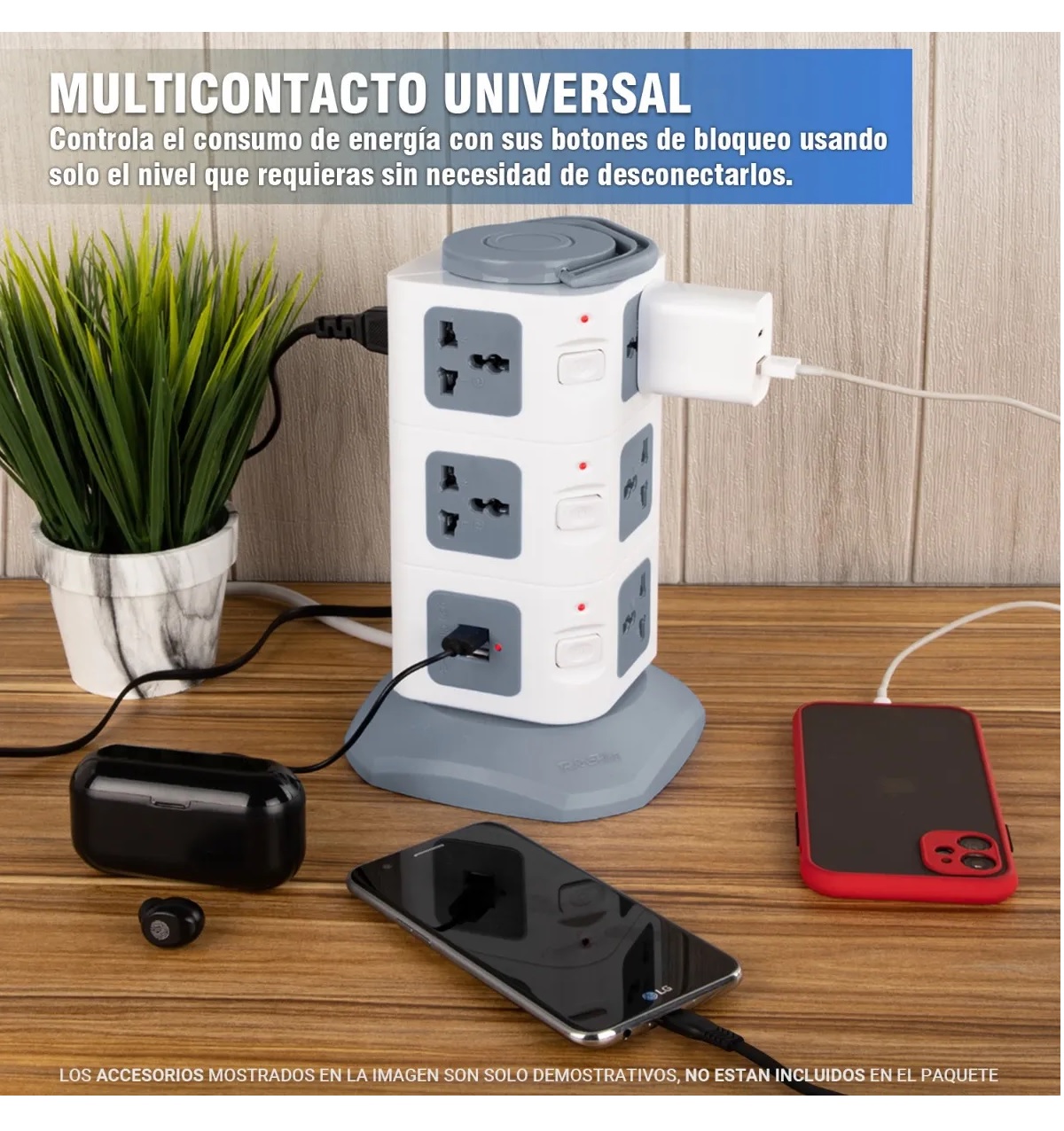 Multicontacto En Torre Regleta 11 Puertos Y 2 Usb Gris