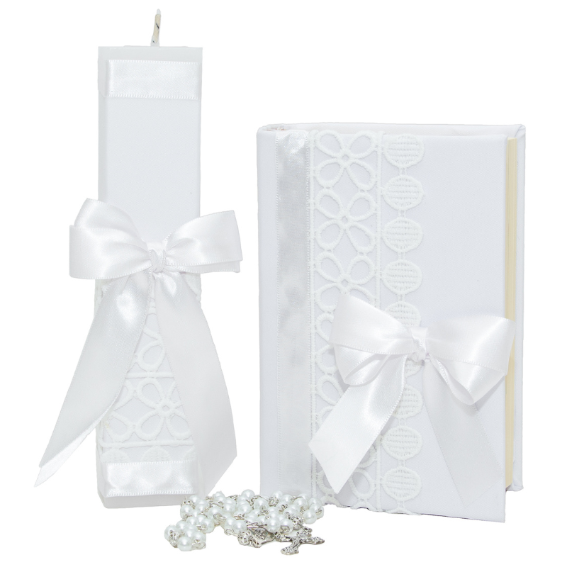 Casa Gala, Kit Set Primera Comunión para niña, con estuche MDF, Vela cuadrada, Rosario, Biblia, cirio, Color blanco