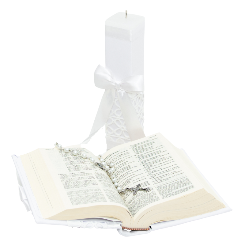 Casa Gala, Kit Set Primera Comunión para niña, con estuche MDF, Vela cuadrada, Rosario, Biblia, cirio, Color blanco