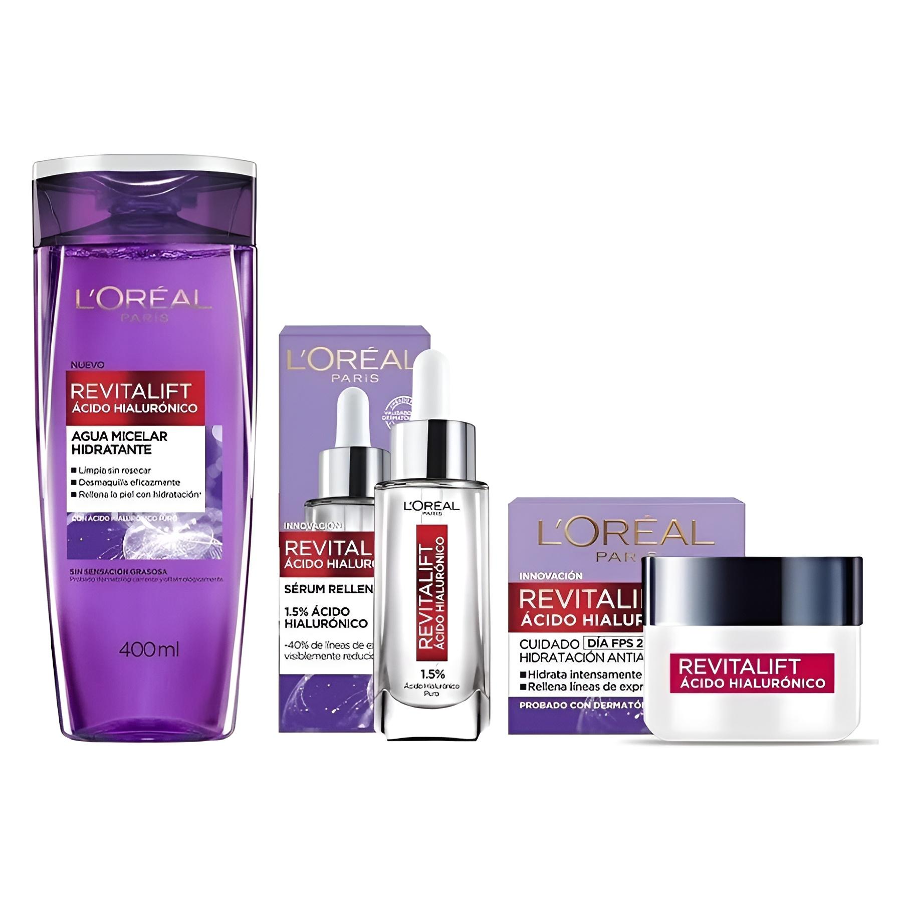 L'Oréal Paris Kit Revitalift Ácido Hialurónico: Serum Facial, Crema de Día y Agua Micelar