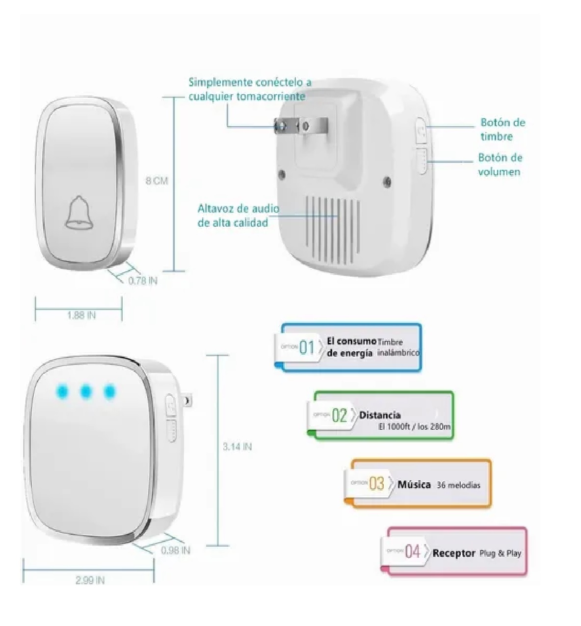Timbre De Puerta Inalámbrico, 1 Transmisor Y 2 Receptores