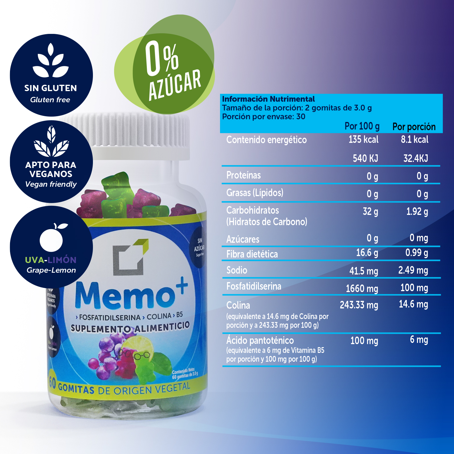 Memo+, 60 gomitas SIN AZÚCAR| con Fosfatidilserina y colina | SaludBox