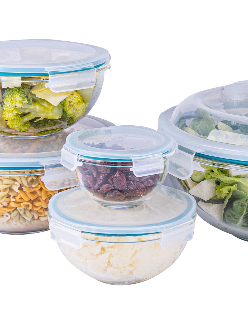 Set de 5 bowls de vidrio borosilicato con tapa Tutti