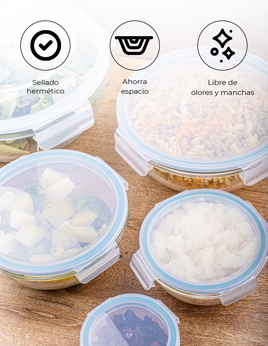 Set de 5 bowls de vidrio borosilicato con tapa Tutti