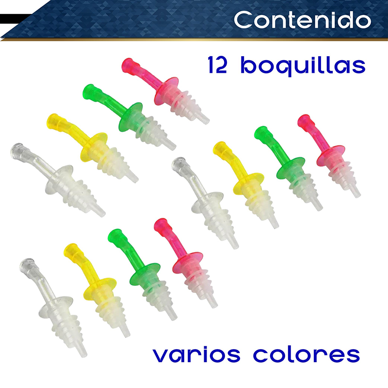 Vertedores CHIC-FANTASY de Botellas Set de 12 pzs varios colores Boquilla para verter liquidos, dispensador de licor cónico con tapas de plástico para el polvo