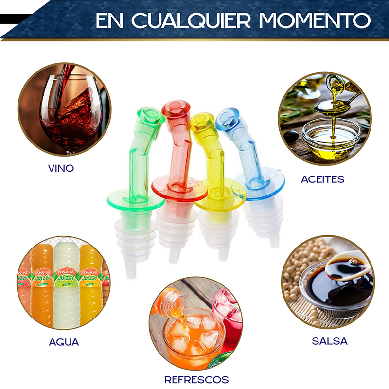 Vertedores CHIC-FANTASY de Botellas Set de 12 pzs varios colores Boquilla para verter liquidos, dispensador de licor cónico con tapas de plástico para el polvo