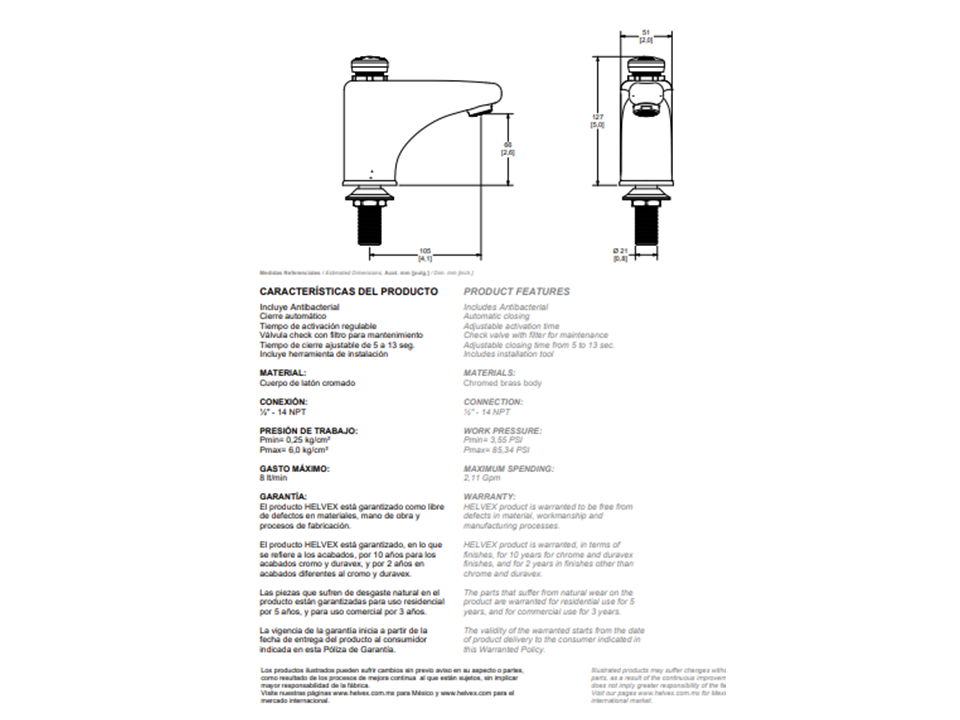 LLAVE DE LAVABO TEMPORIZADORA CROMO HELVEX.