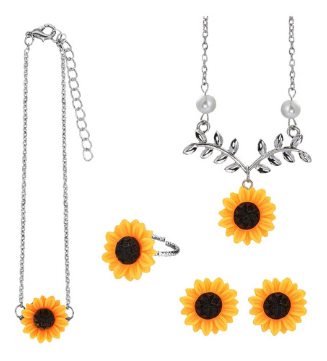 Kit De Collar Arete Aro Brazalete Tipo Girasol Plateado