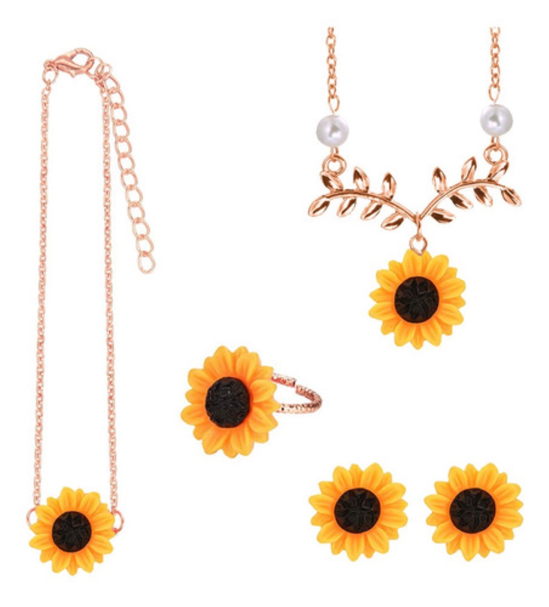 Kit De Collar Arete Aro Brazalete Tipo Girasol Oro Rosado