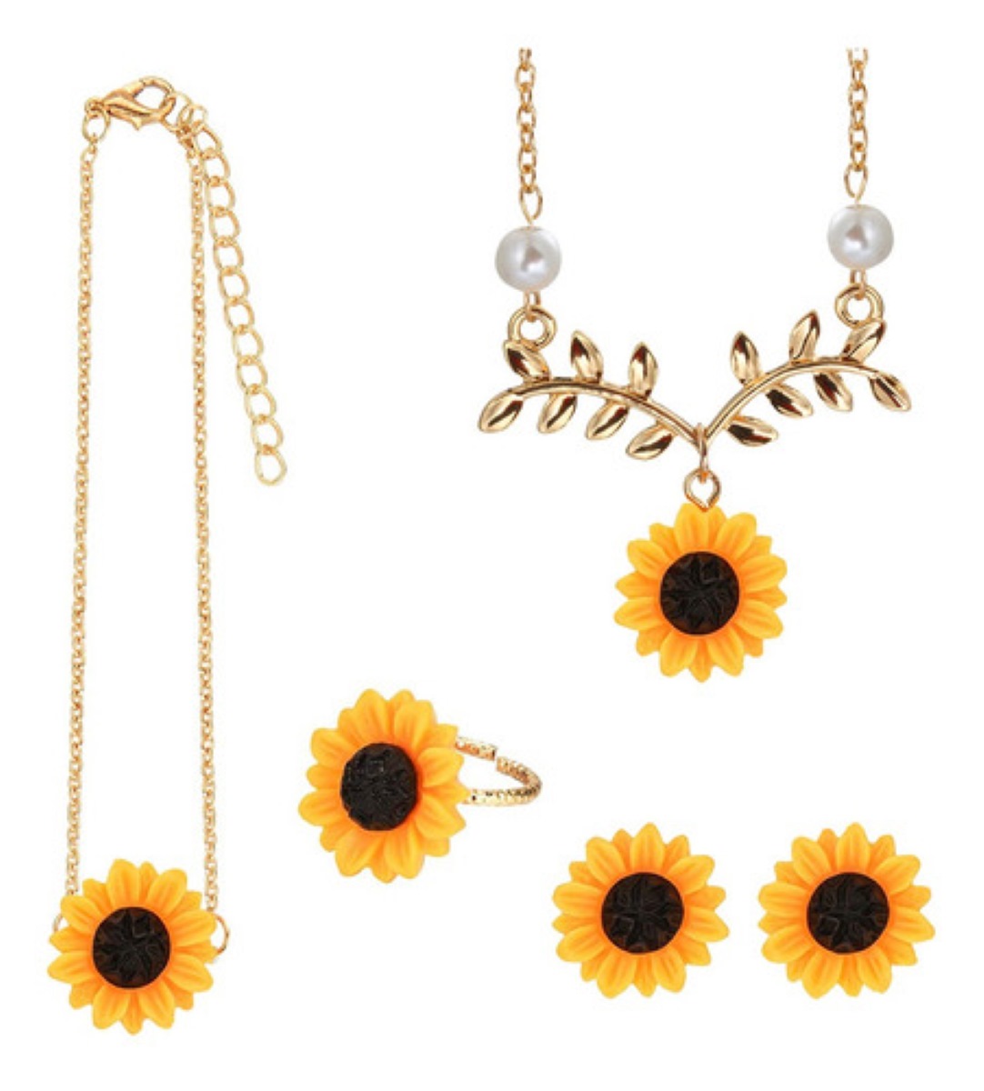 Kit De Collar Arete Aro Brazalete Tipo Girasol Dorado