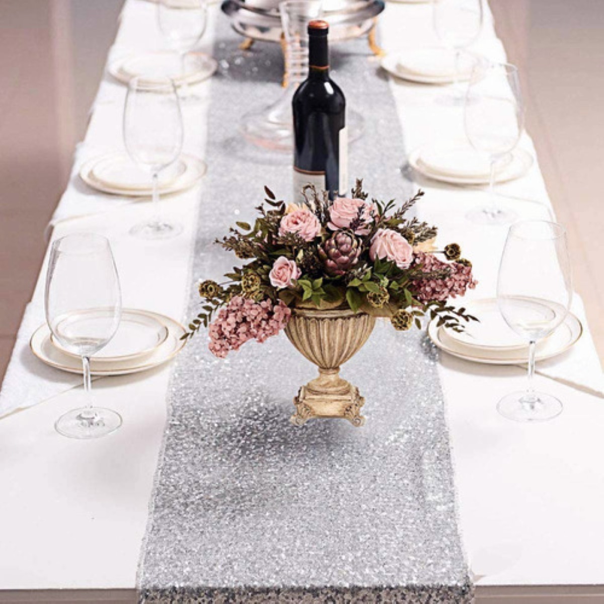 2 Pz  Caminos De Mesa Con Lentejuelas Plateado 