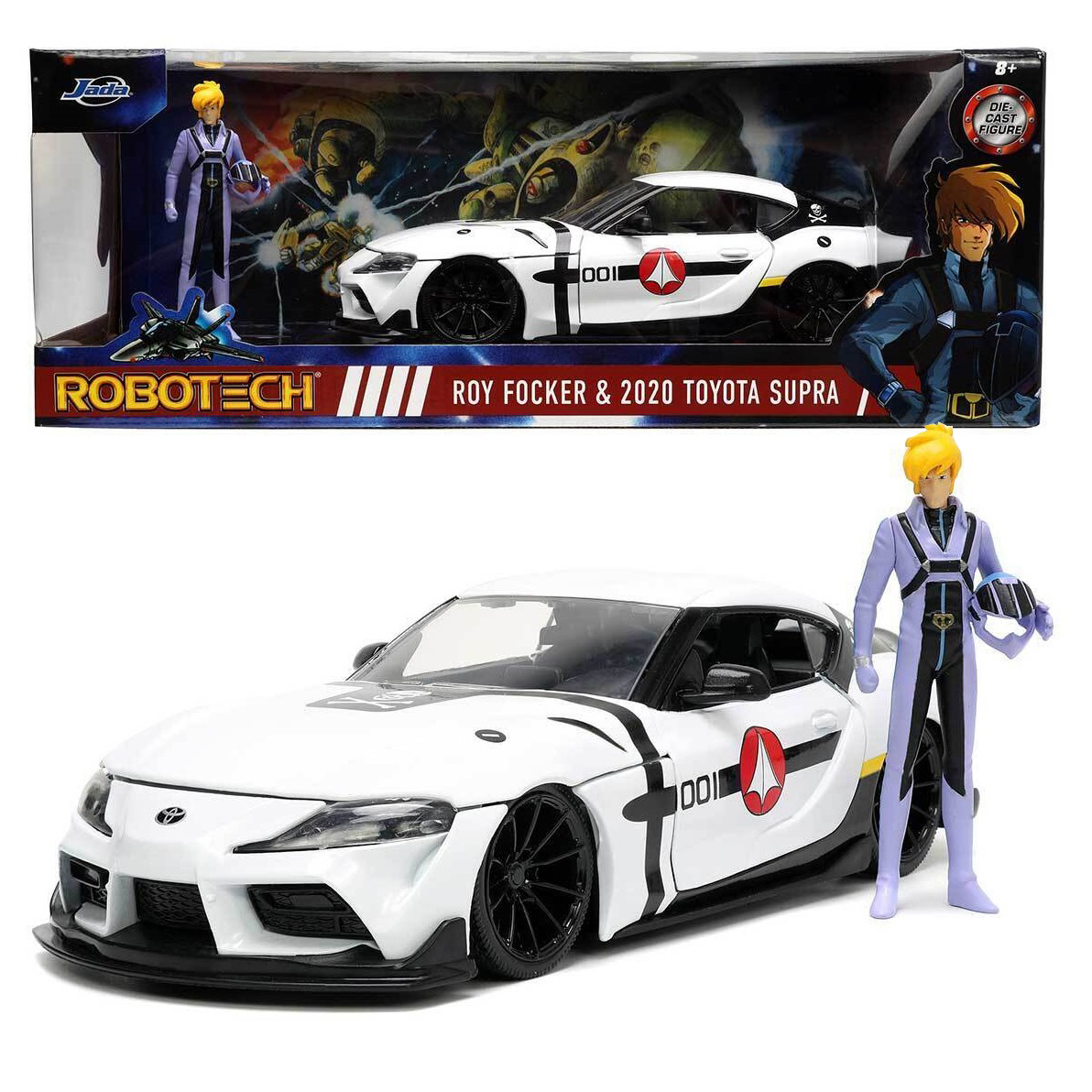 2020 Toyota Supra con Figura Roy Focker Robotech ANIMATION Hollywood Rides Jada Toys Escala 1:24 