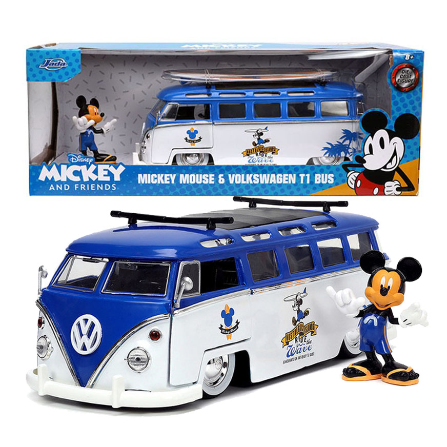 Volkswagen T1 Bus "Nostalgic Islands Ride the Wave" con Figura Mickey Mouse Surfboard Disney Jada Toys Escala 1:24