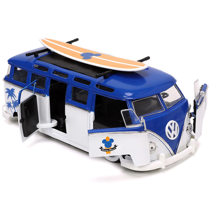 Volkswagen T1 Bus "Nostalgic Islands Ride the Wave" con Figura Mickey Mouse Surfboard Disney Jada Toys Escala 1:24