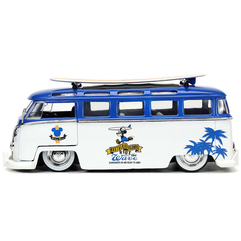 Volkswagen T1 Bus "Nostalgic Islands Ride the Wave" con Figura Mickey Mouse Surfboard Disney Jada Toys Escala 1:24