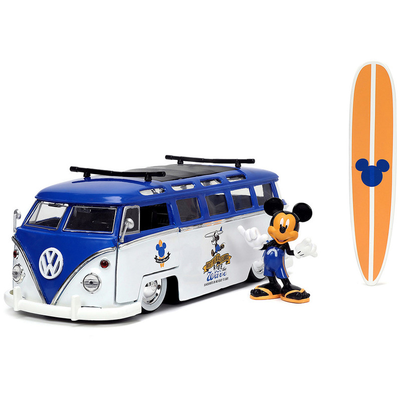 Volkswagen T1 Bus "Nostalgic Islands Ride the Wave" con Figura Mickey Mouse Surfboard Disney Jada Toys Escala 1:24