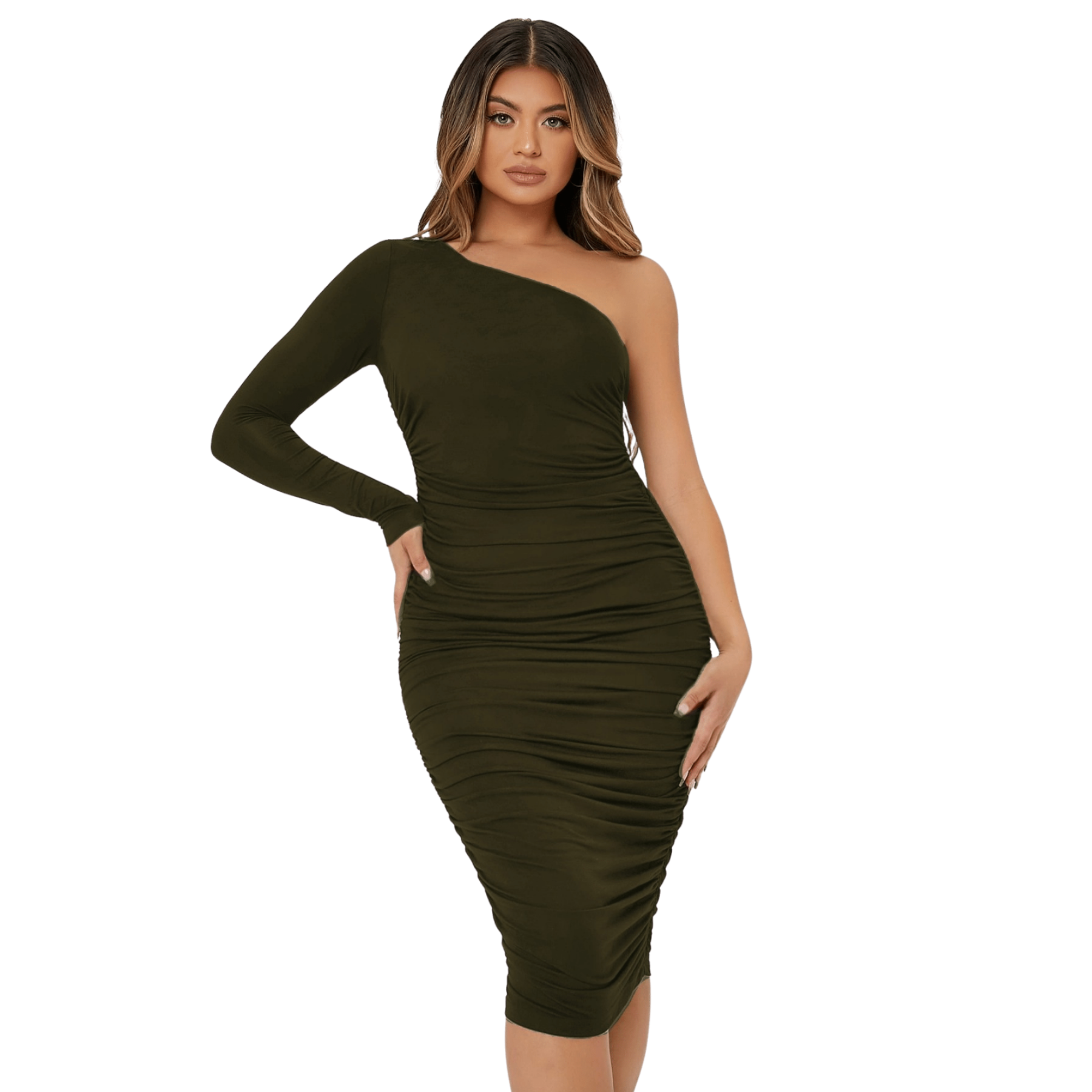 Vestido Roma corte lapiz sexy fruncido sin manga curvy un hombro