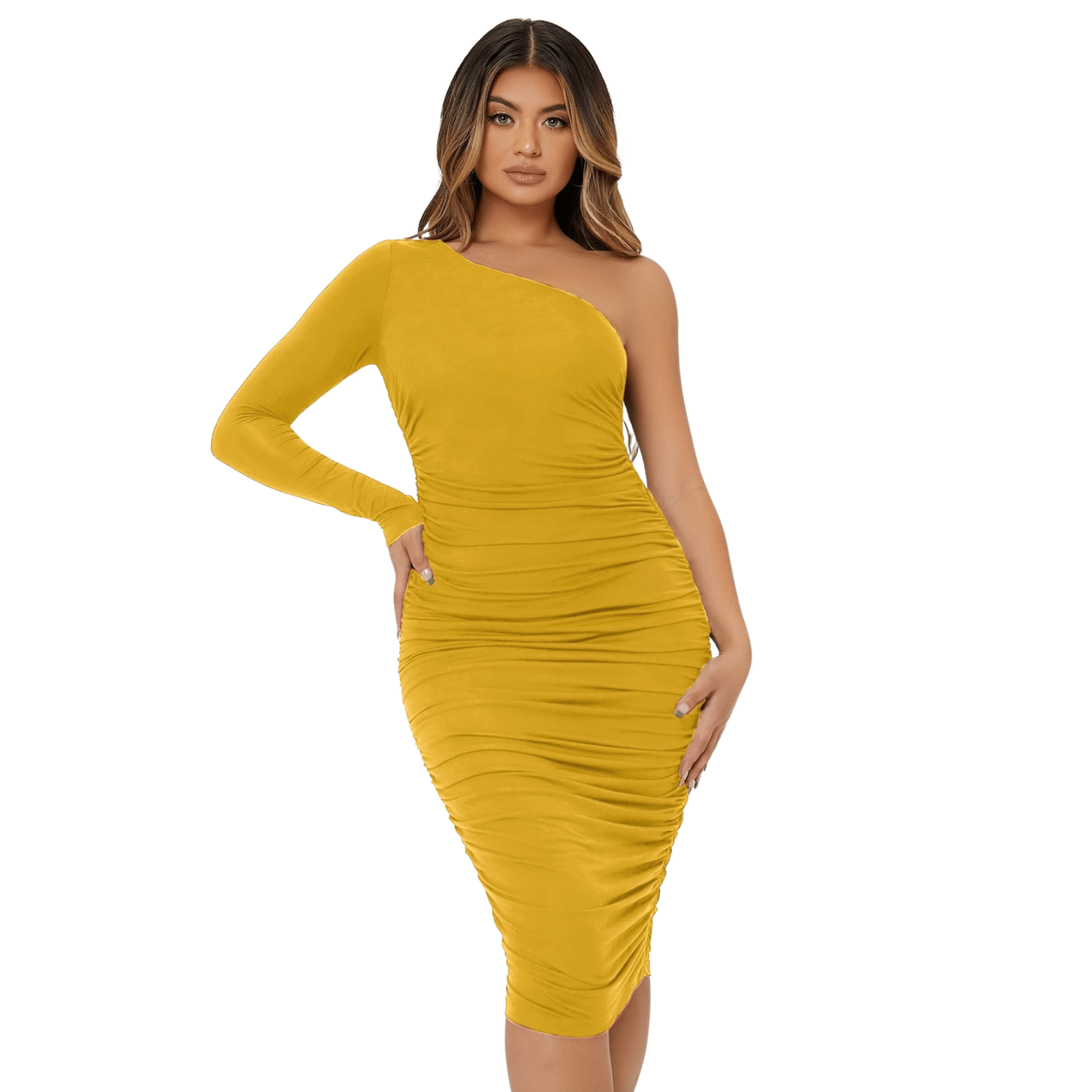 Vestido Roma corte lapiz sexy fruncido sin manga curvy un hombro