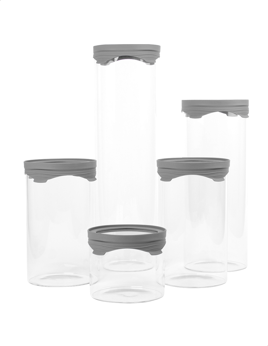 Set de 5 frascos contenedores cilíndricos de vidrio Tutti
