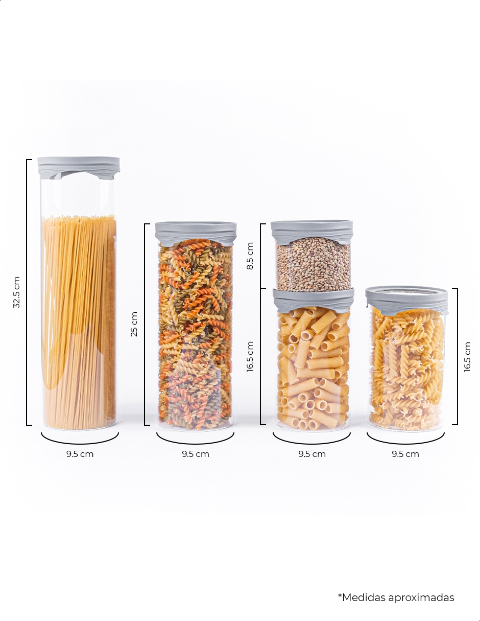 Set de 5 frascos contenedores cilíndricos de vidrio Tutti