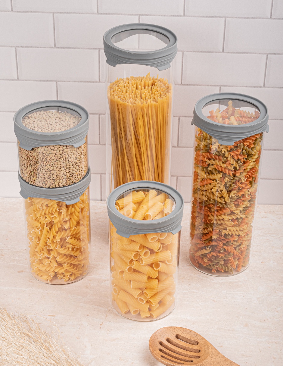 Set de 5 frascos contenedores cilíndricos de vidrio Tutti