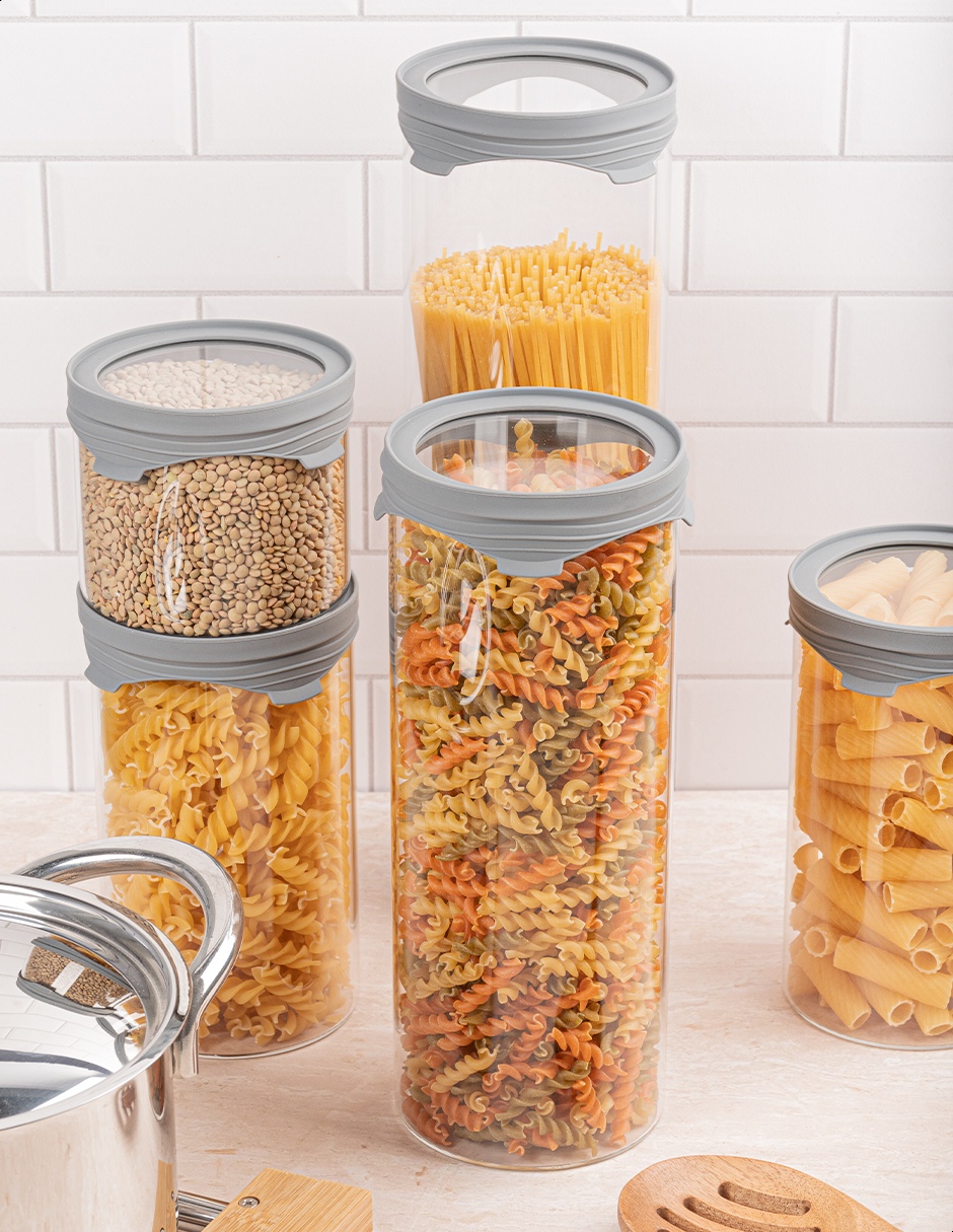 Set de 5 frascos contenedores cilíndricos de vidrio Tutti